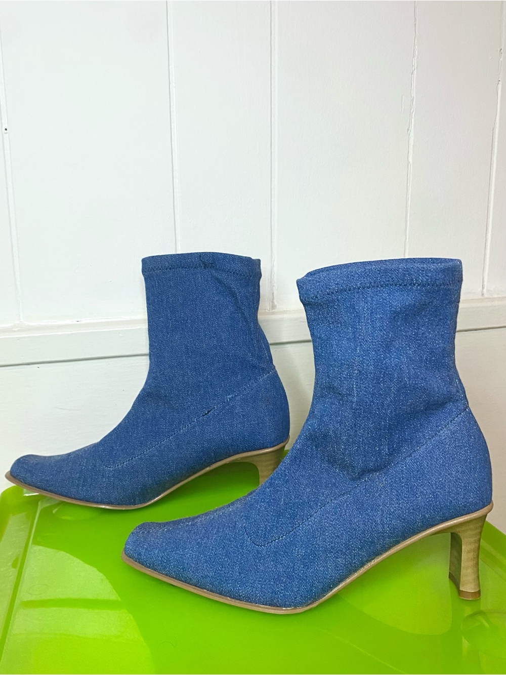Denim Blue Mid-Heel Ankle Boots - Women's Fashion Booties